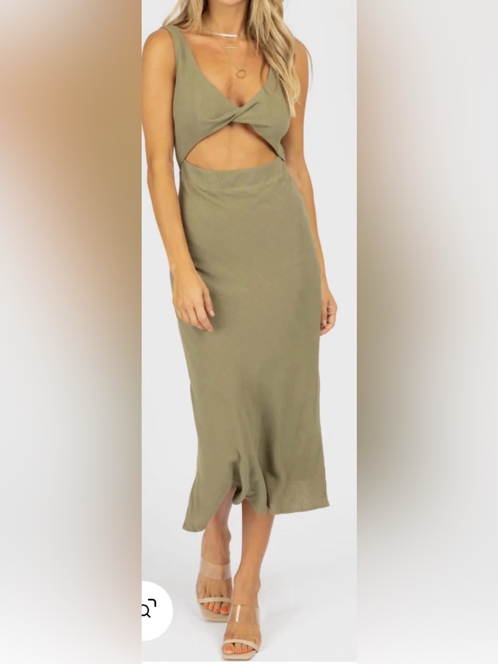 MABLE Cotton Open Front Twist Midi Dress In Olive Size Medium